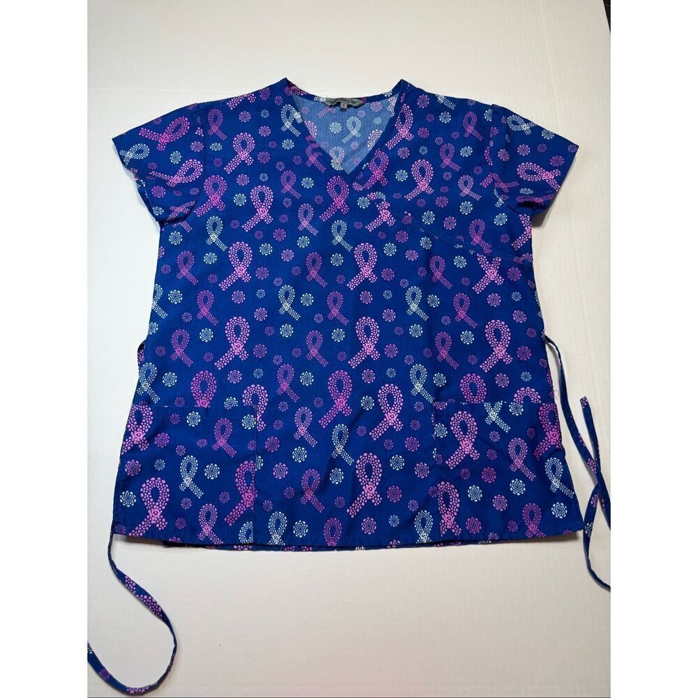Wear For Care Pink and White Breast Cancer Awareness Scrub Top Size Medium